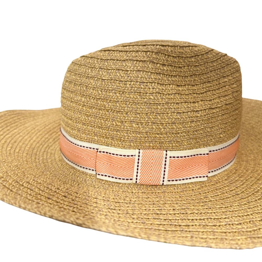 Anthropologie Brighton Beach Rancher Straw Hat Paper Tan Orange Ribbon Bow - Picture 5 of 10